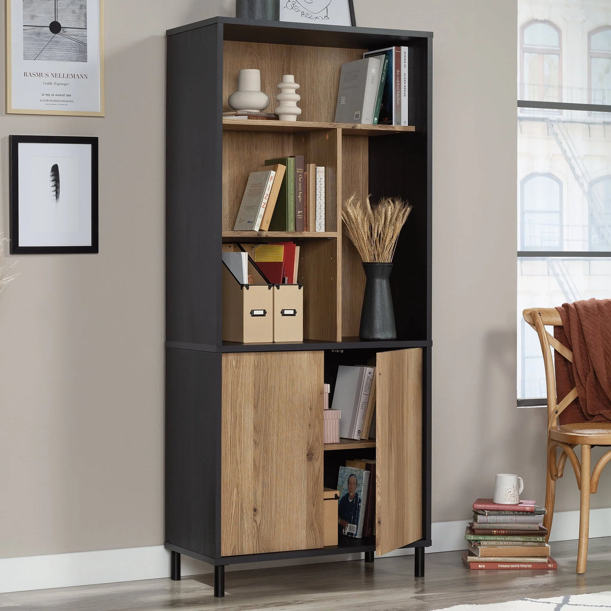 Sauder Acadia Way 5-Shelf Tall Bookcase with Doors, Raven Oak Finish