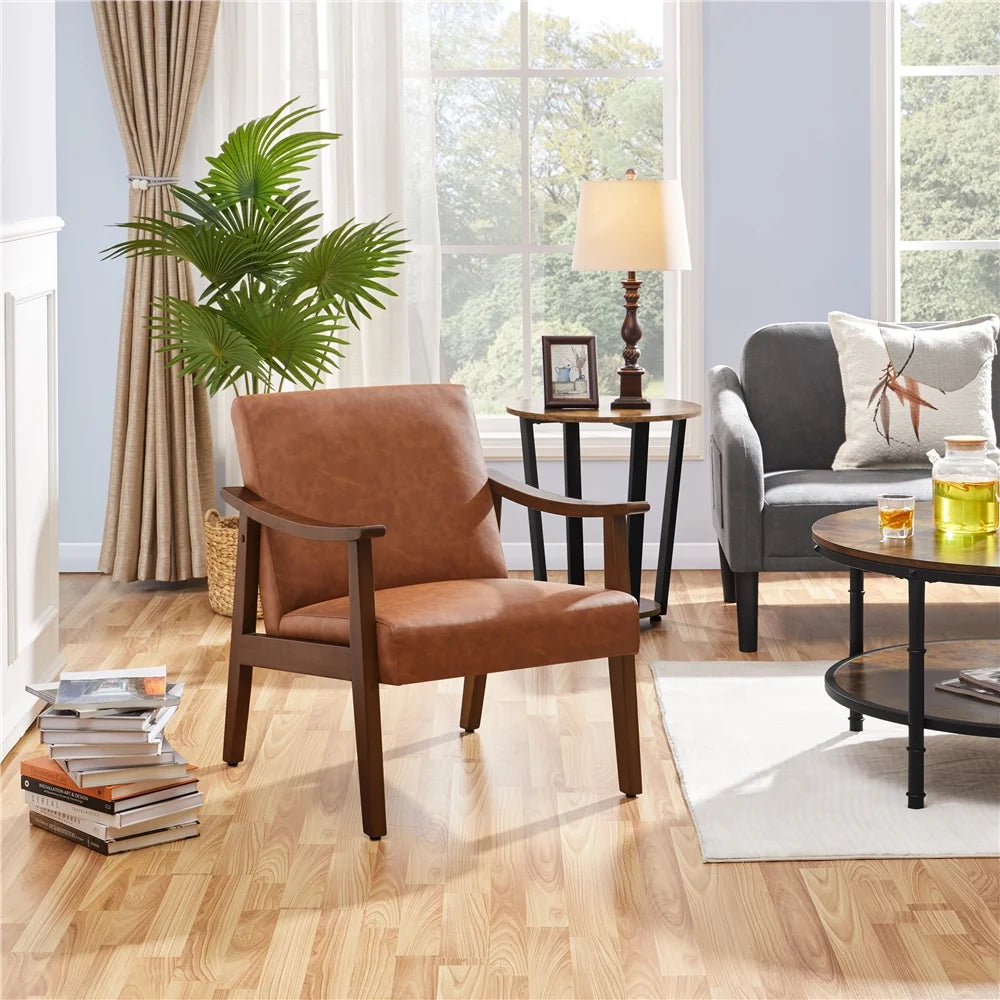 Yaheetech Mid-Century Upholstered Faux Leather Armchair with Solid Wood Legs,Brown