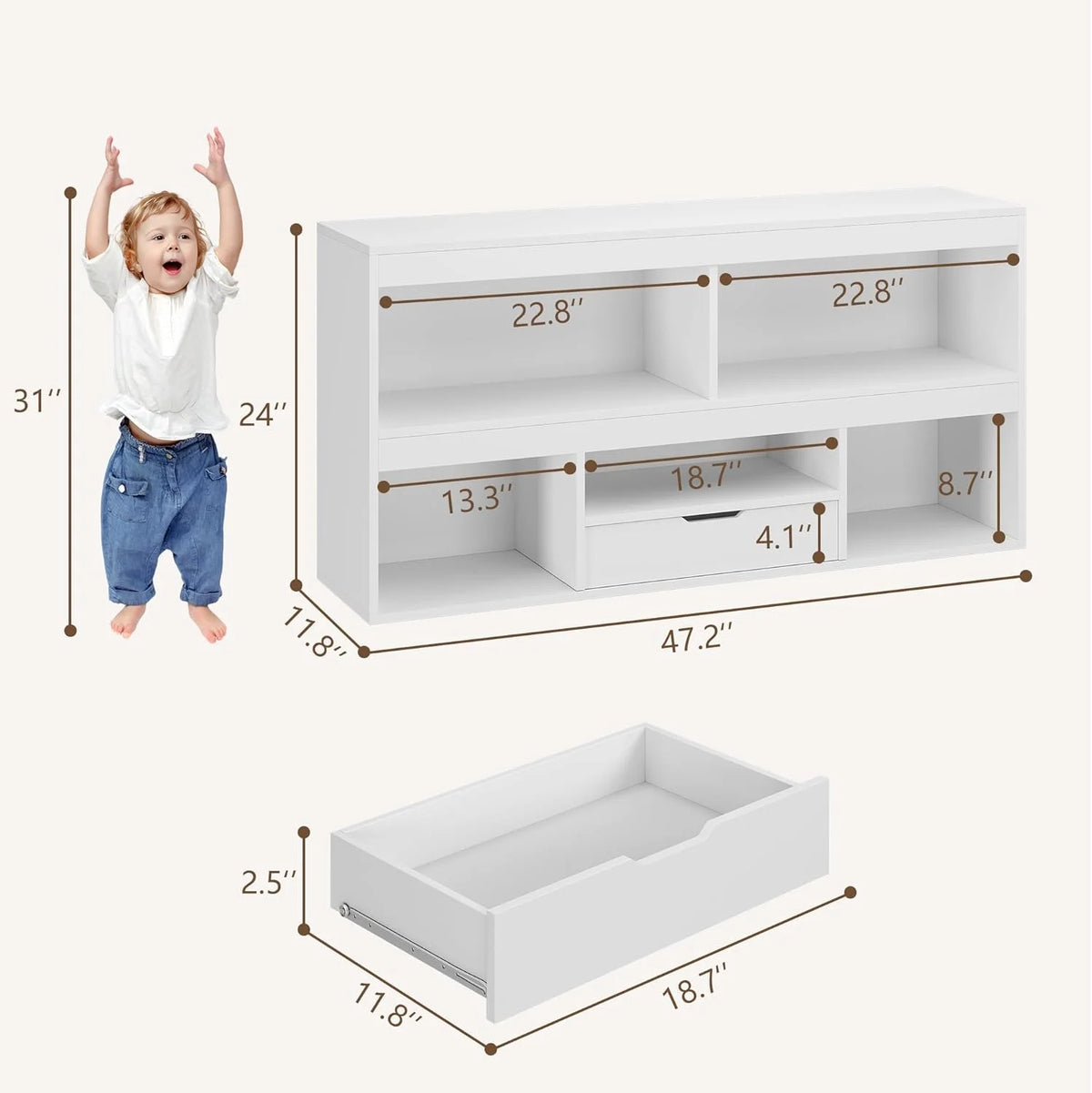 IdealHouse 5-Cube Kids Storage Organizer with Drawer, Wooden Toy Storage Cabinet for Playroom, Nursery, Classroom �C White Wood Finish