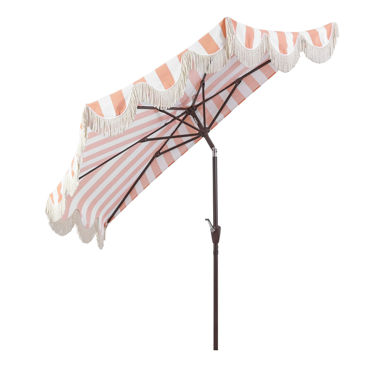 JONATHAN Y Beverly 9 ft. Half Market Patio Umbrella, Designer Classic Scalloped Fringe with Crank, Tilt Button and UV Protection, Blue/White/Cream, Dark Brown Pole