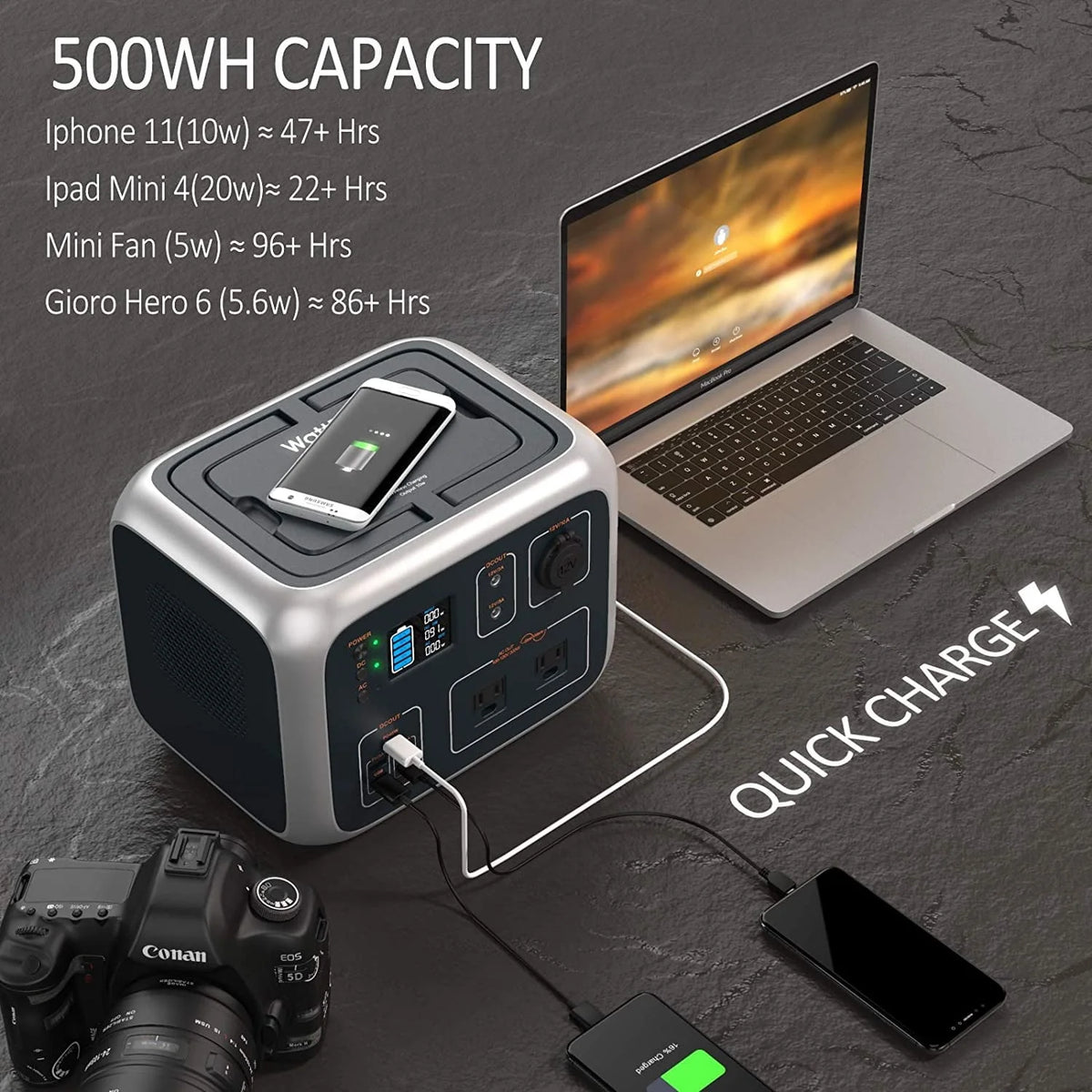 Portable Power Station 500Wh, WattFun Solar Generator