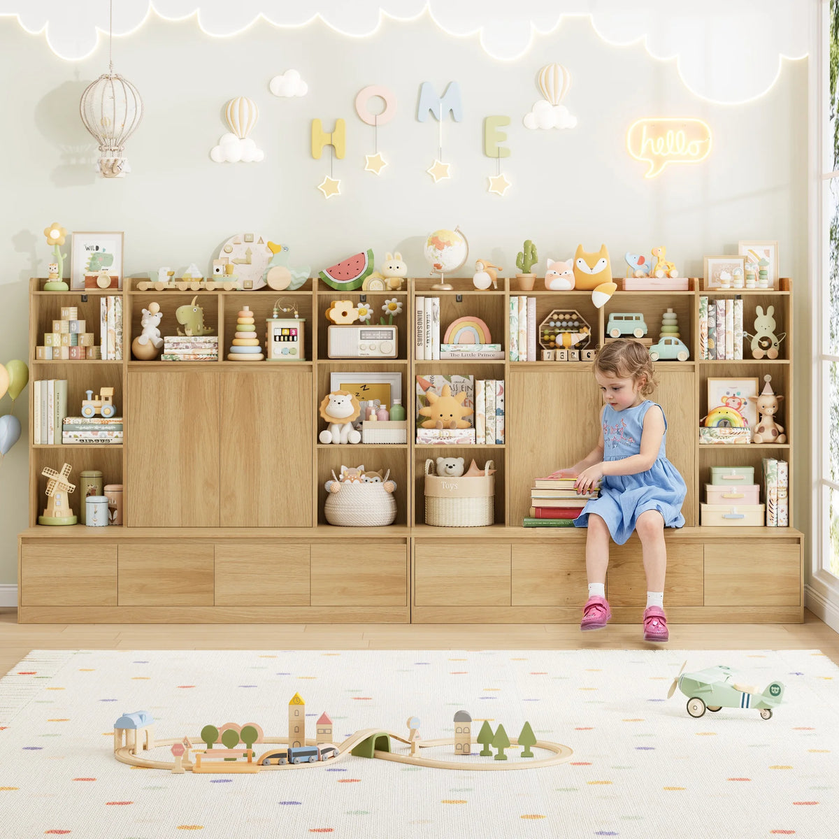 Homfa 10 Cubes Kids Toy Storage Organizer, 4 Drawers Kids Bookcase and Bookshelf with Doors & Adjustable Shelves for Playroom Kids Room, White