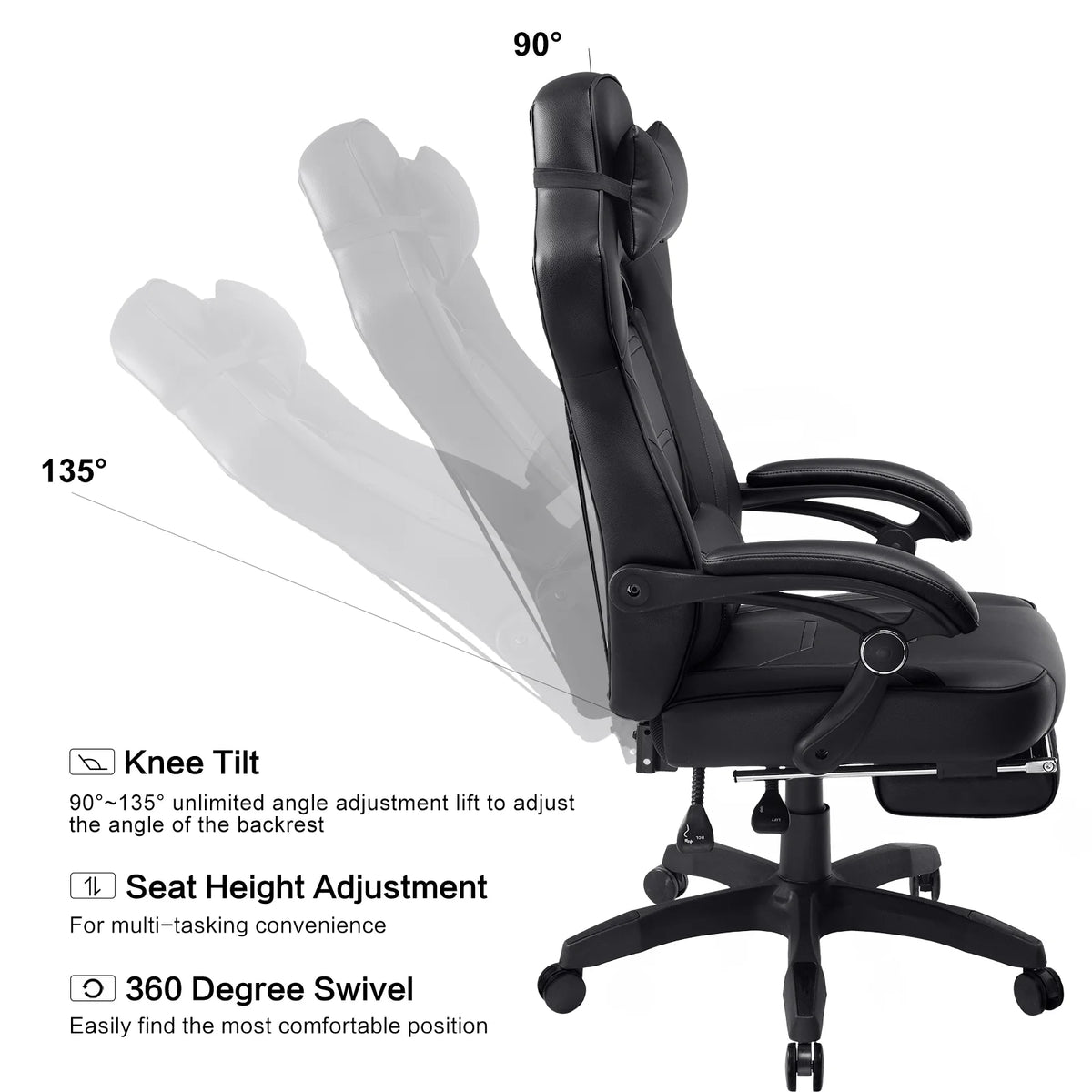 GTPLAYER Gaming Chair with Footrest, Big and Tall Game Chair 350lb Racing Style Computer Chair, Ergonomic Executive Office Chair High Back with Lumbar Support and Recliner, Black