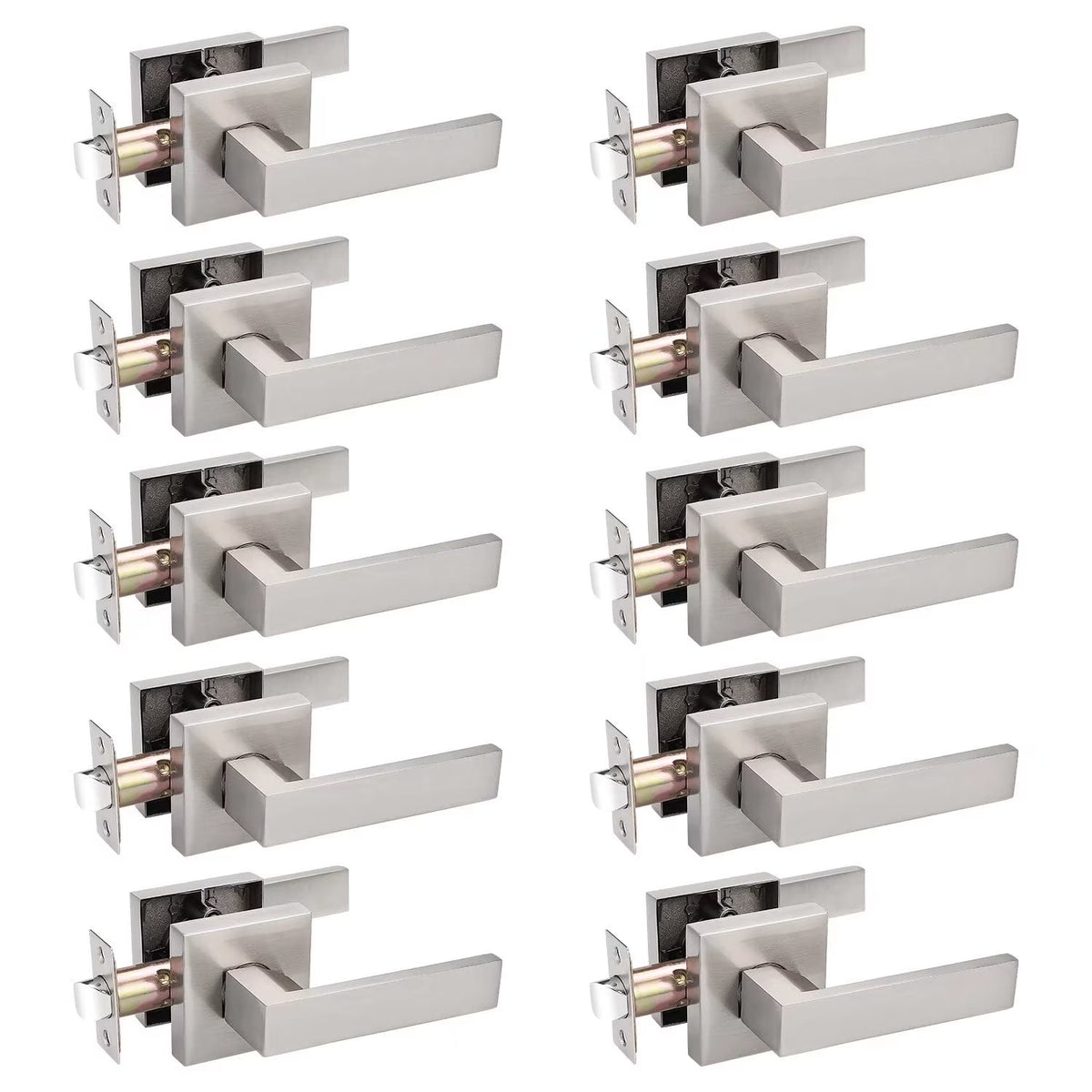 Probrico 10 Pack Square Door Lever Door Lock Handle Lockset Keyless Doorknobs Passage Knobs Lockset Interior Hallway Passage Closet in Satin Nickel C63