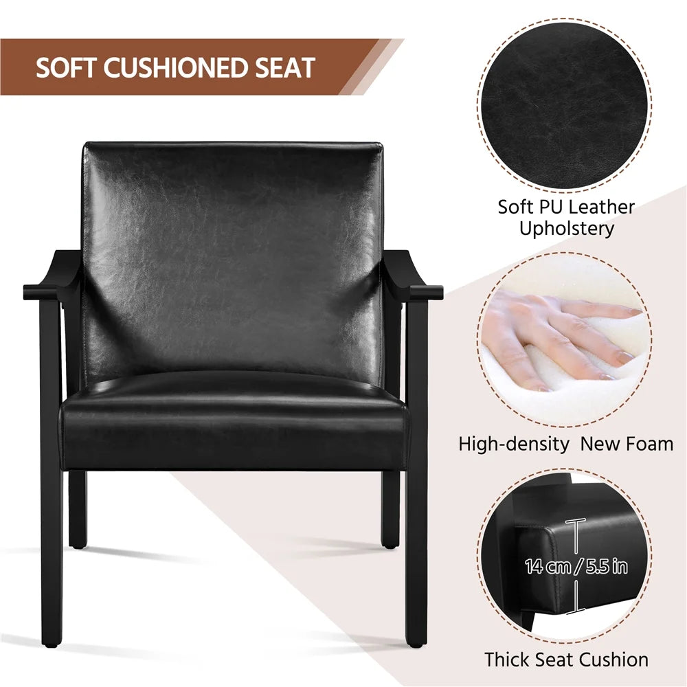 Yaheetech Mid-Century Upholstered Faux Leather Armchair with Solid Wood Legs,Brown
