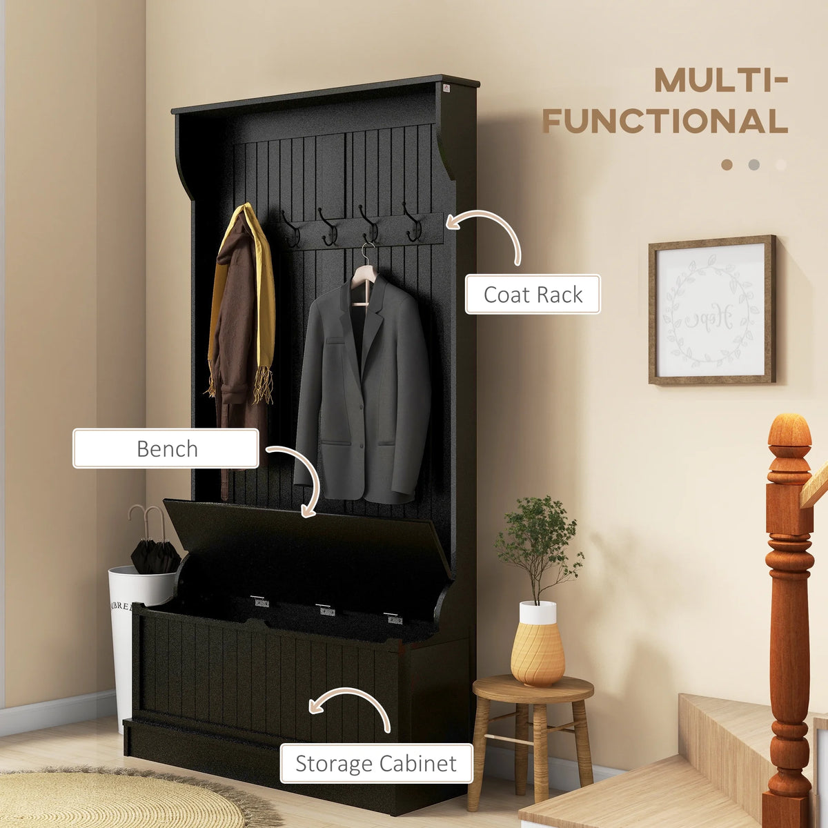 HOMCOM 3-In-1 Hall Tree Storage Bench and Coat Rack with Hooks Black