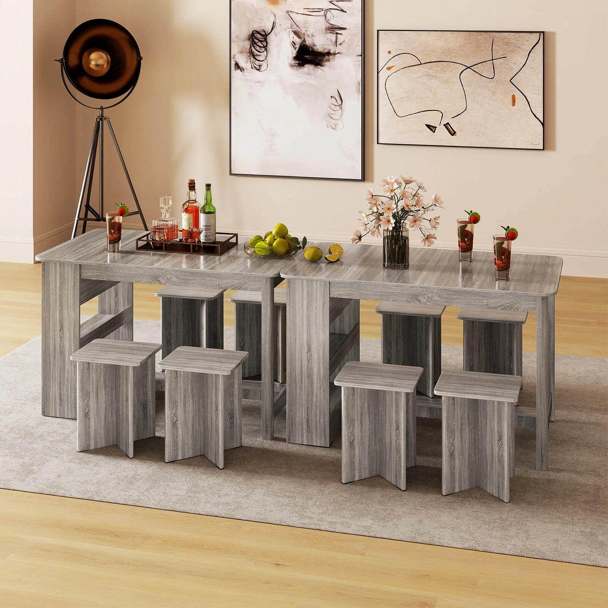 Costway 5 PCS Dining Table Set with Storage Shelf Rectangular Kitchen Table with 4 Stools Beige