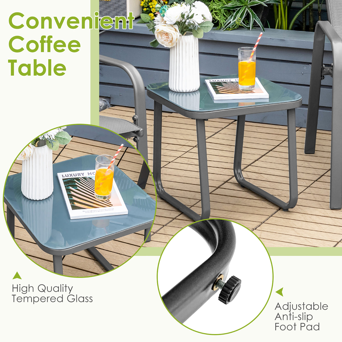 Costway 3PCS Patio Bistro Furniture Set Adjustable Back Stackable Chairs Black