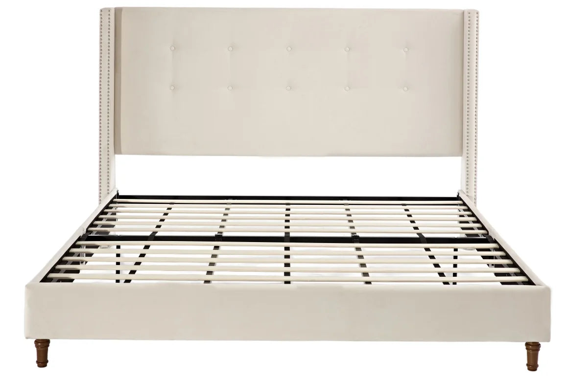 King Bed Frame Upholstered Bed with Tall Headboard, Chenille Platform Bed King Size, No Box Spring Needed, Easy Assembly, Ivory