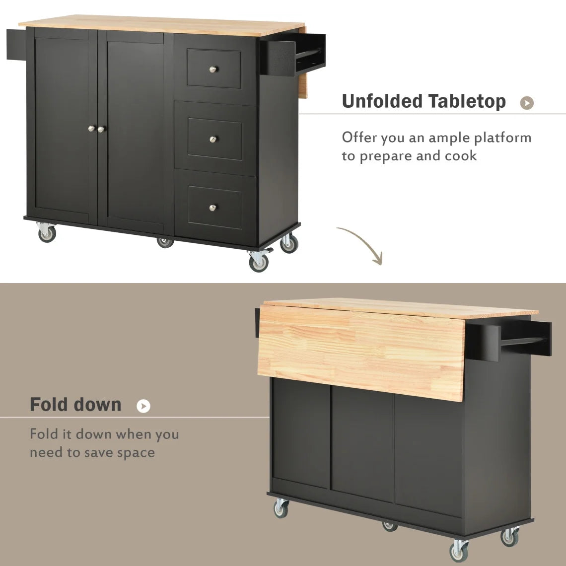 Kitchen Cart with Solid Wood Top and Drop Leaf Breakfast Bar, Rolling Mobile Kitchen Island with Storage, Spice Rack and Towel Rack, 52.7 Inch Width, Grey Blue