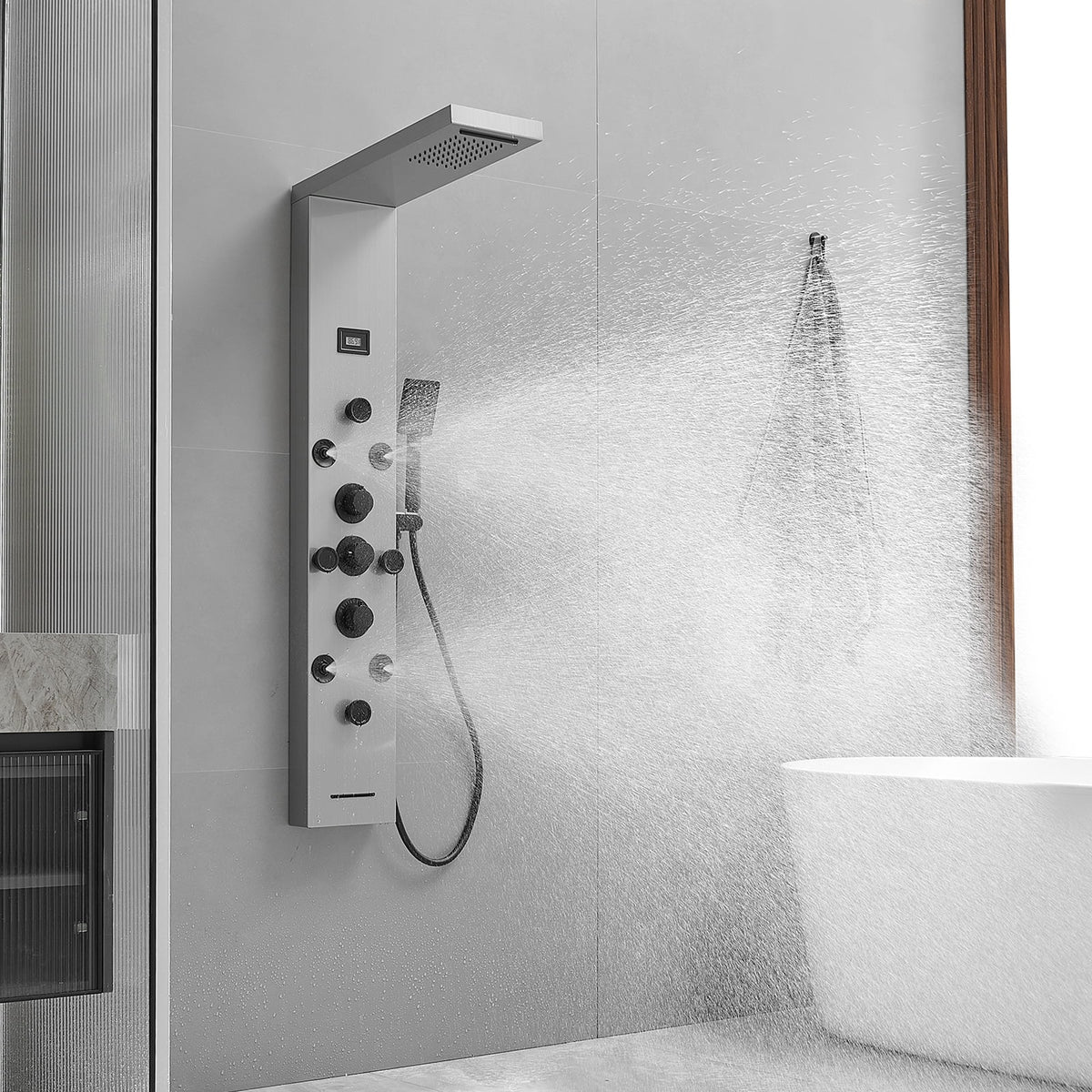 8-Jet Rainfall Shower Panel System with Rainfall Waterfall Shower Head and Shower Wand in chrome Nickel