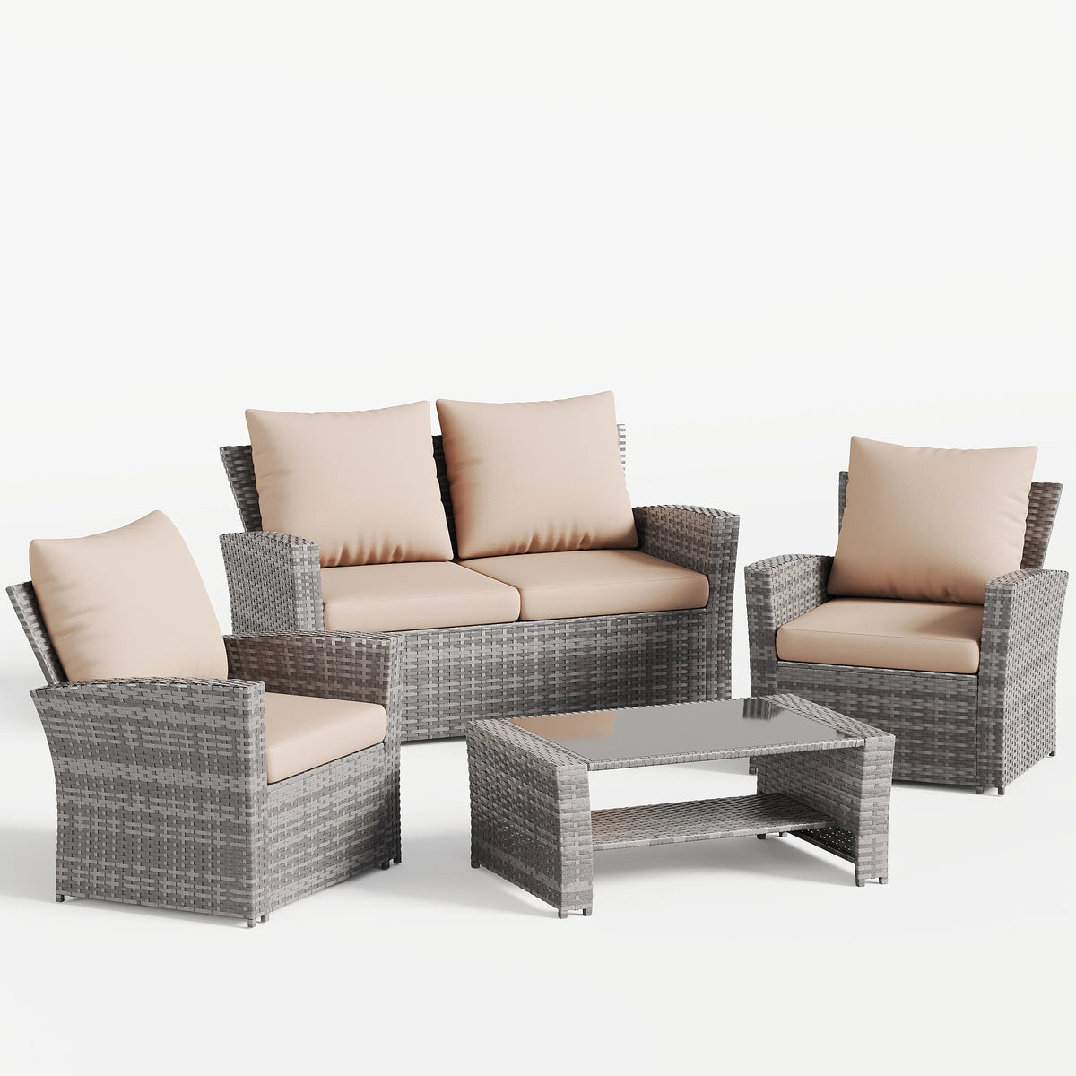 UDPATIO Wicker Patio Furniture Set, 4 Piece Outdoor Sectional Conversation Sets, Gray PE Rattan Patio Sofa Set for Balcony, Porch, Backyard, Grey