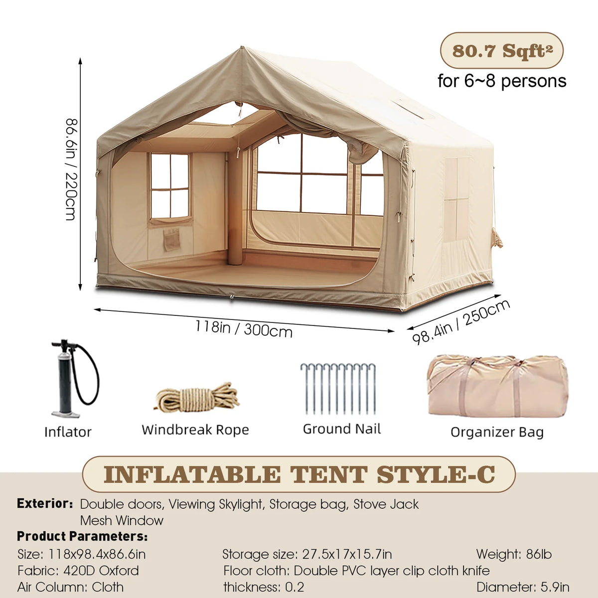 Inflatable Camping Tents 4/6/8/10 Person,129 Square Feets Large Blow up Tent with Stove Jack