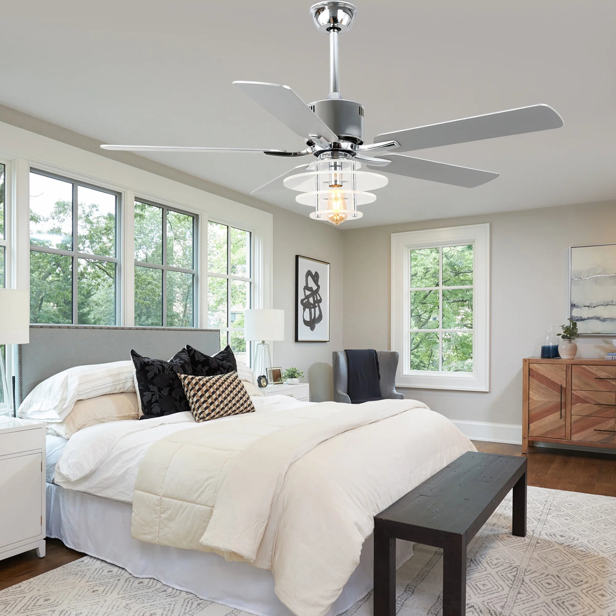 Bella Depot 52" Modern Black Ceiling Fan 6-Speed Reversible with Light and Remote Control