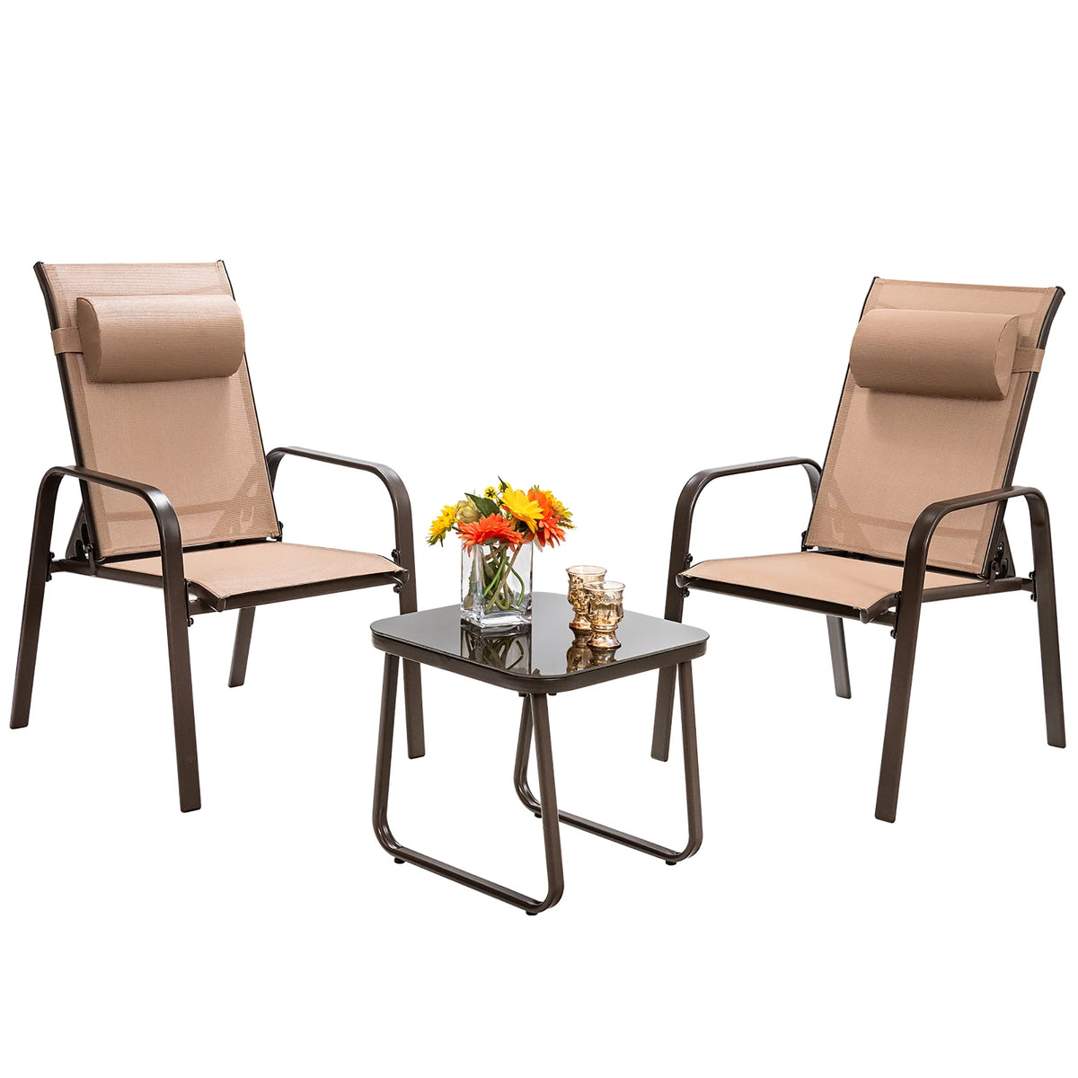 Costway 3PCS Patio Bistro Furniture Set Adjustable Back Stackable Chairs Black