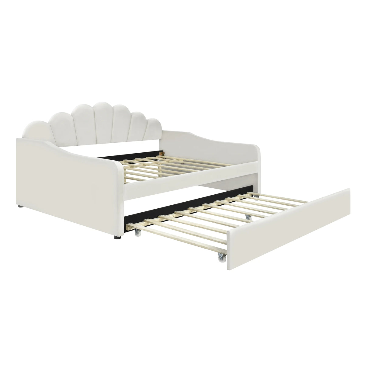 EUROCO Upholstery Full Size Platform Bed, Upholstered Daybed with Headboard and Trundle, Beige