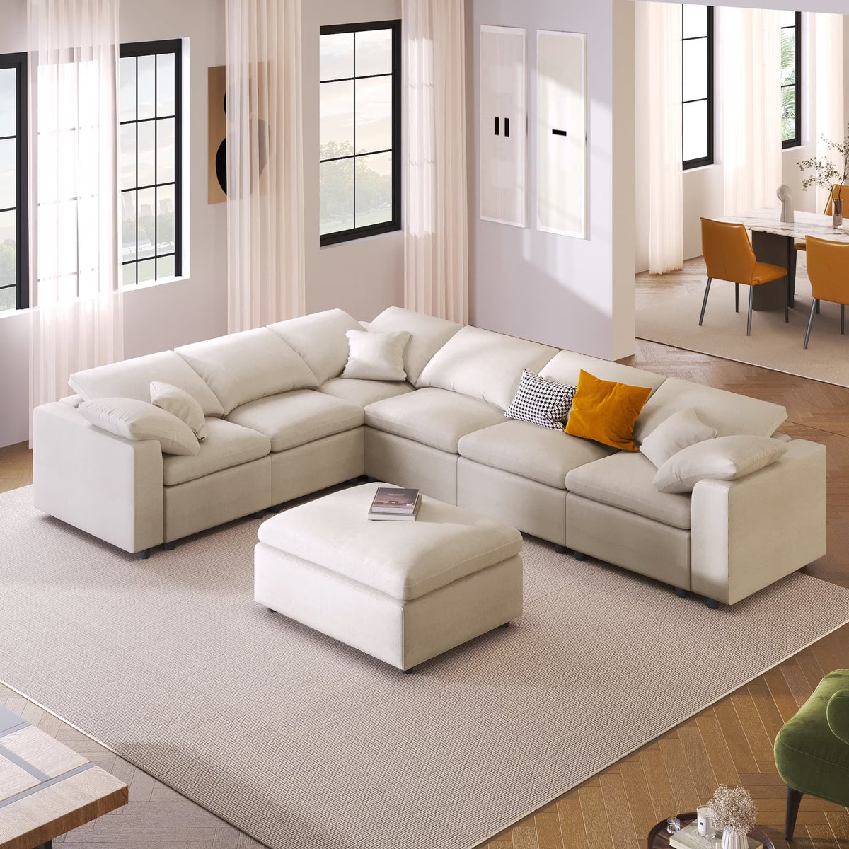 EUROCO 124.8" 7-Seater Oversized Modular Couches and Sofas Sectional with Ottoman,Sectional Sofa U/L Shaped Chenille Sectional Couch for Living Room, Office, Spacious Space