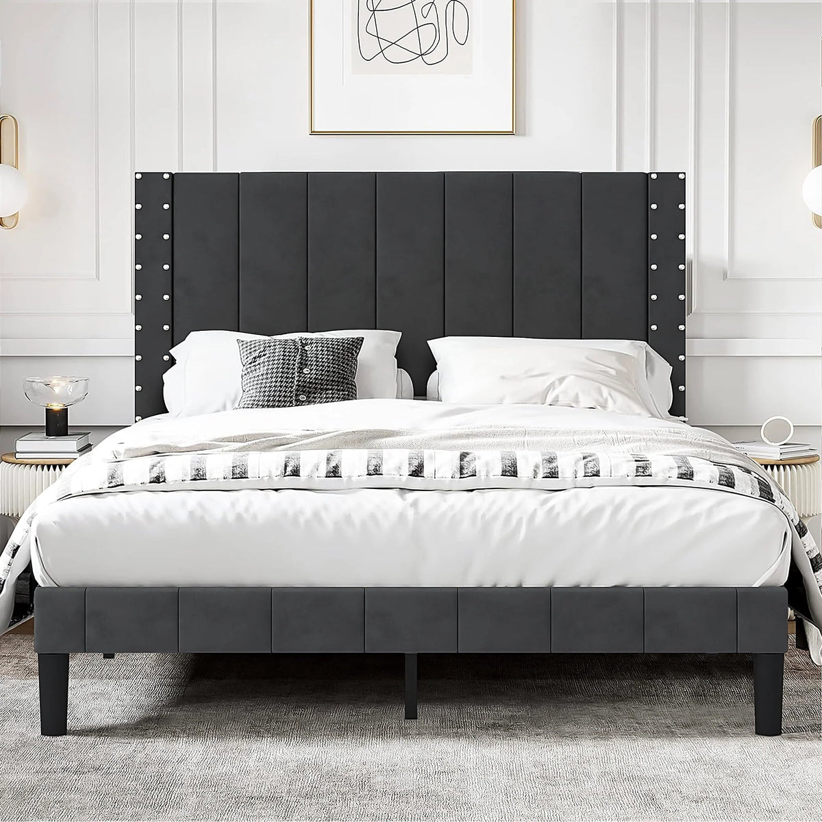SYNGAR Full Bed Frame, New Upgrade Full Size Fabric Upholstered Platform Bed Frame with Elegant Headboard, Bedroom Furniture Wooden Frame Platform Bed Frame, No Box Spring Needed, Dark Gray