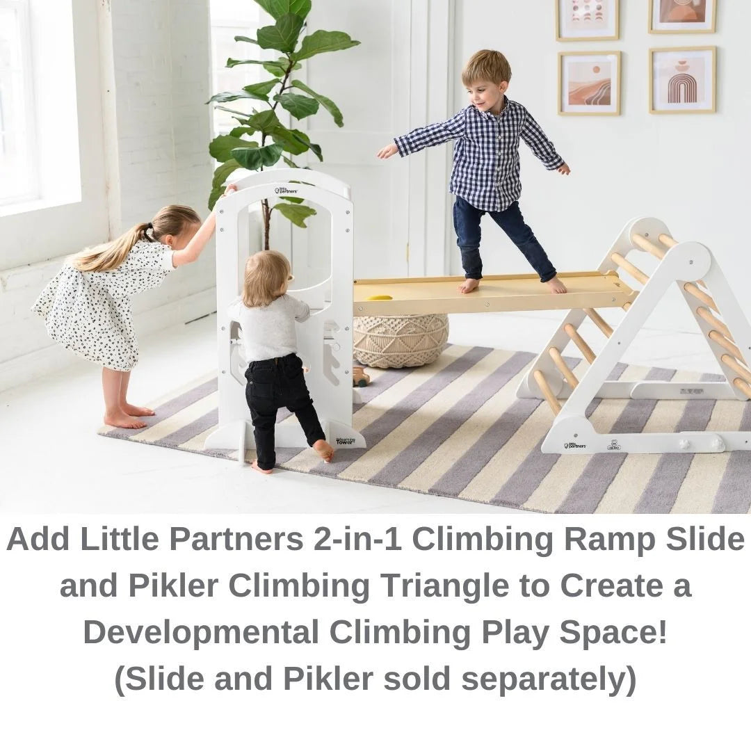 Little Partners Learning Tower Adjustable Height Kitchen Step Stool, Toddler Tower, Encourages Learning, Independence, and Engagement, Safety Climbing Tower for Kitchen Counter - Soft White