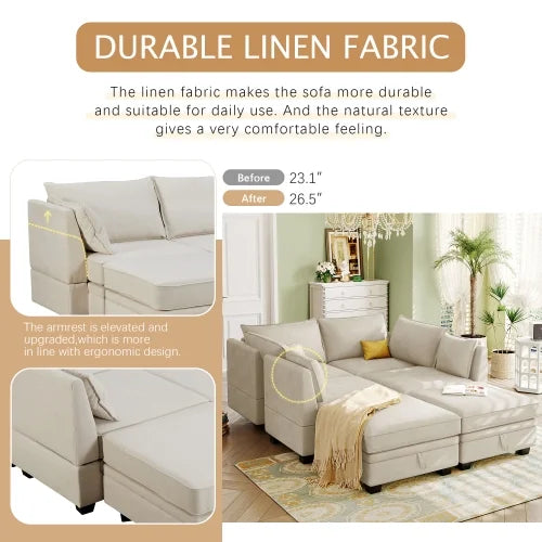 EUROCO 115" Large U/L Shaped Sectional Sofa, 1200LBS 6 Seat Convertible Couch Queen Size Sleeper Bed with Storage Seat and Removable Cushions, Modular Sofa with 2 Stools