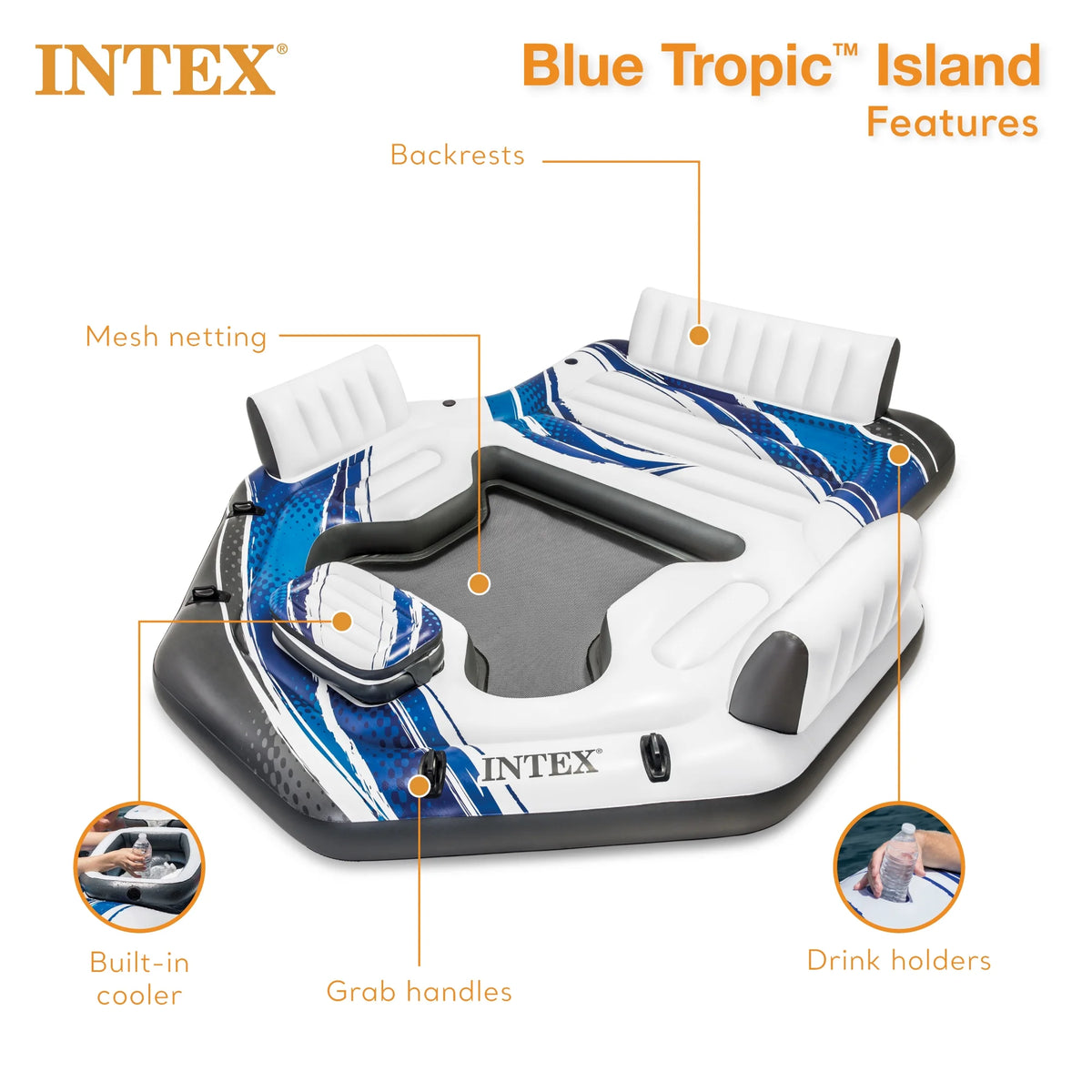 Intex Blue Tropic Inflatable Lake Island Float with Cooler and Cupholders