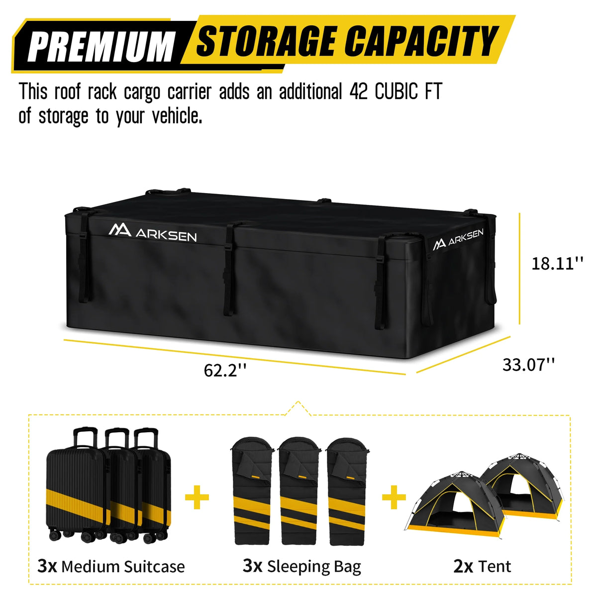 Arksen 29 Cubic Feet Waterproof Roof Top Luggage Storage Bag Heavy Duty Car Carrier Rooftop Bag W/ 12 Reinforced Straps, External Anti-slip Mat, 8 Door Hooks, For All Vechicles With/Without Rack