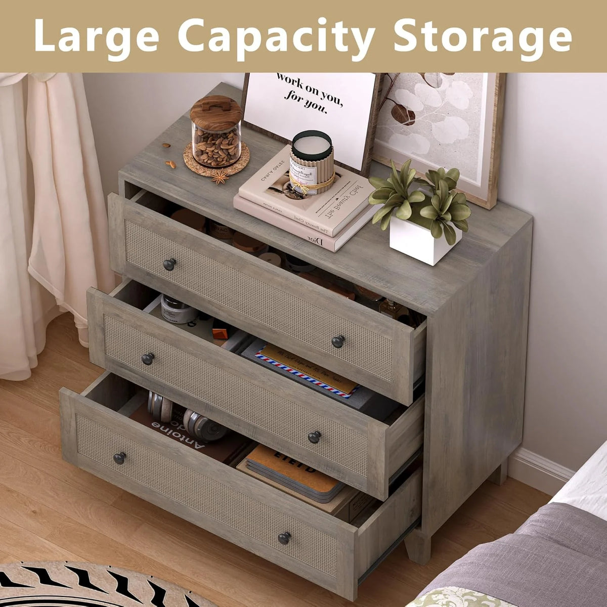 FANRAL 3 Drawer Dresser for Bedroom,Boho Small Natural Rattan Closet Dressers Chest of Drawers,Modern Wood Clothes Storage Organizer with Wooden Feet and Handles for Hallway,Living Room,Entryway
