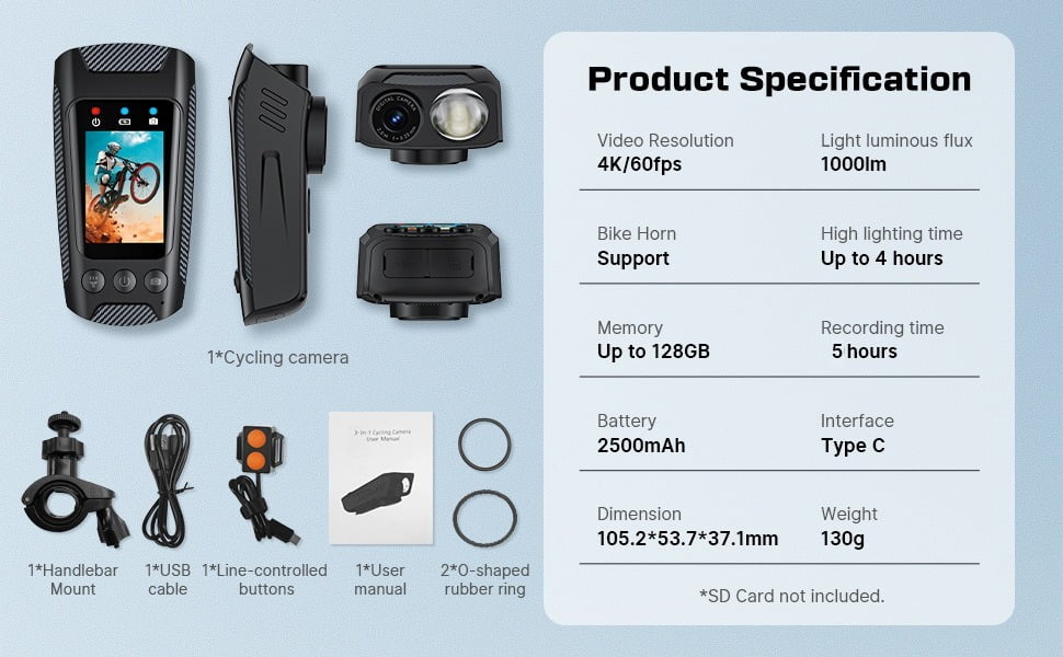 4K Motorcycle Camera with Light and Horn, Cycling Dash Cam with 6-Axis Stabilization, Night Vision, Waterproof, 128G Support