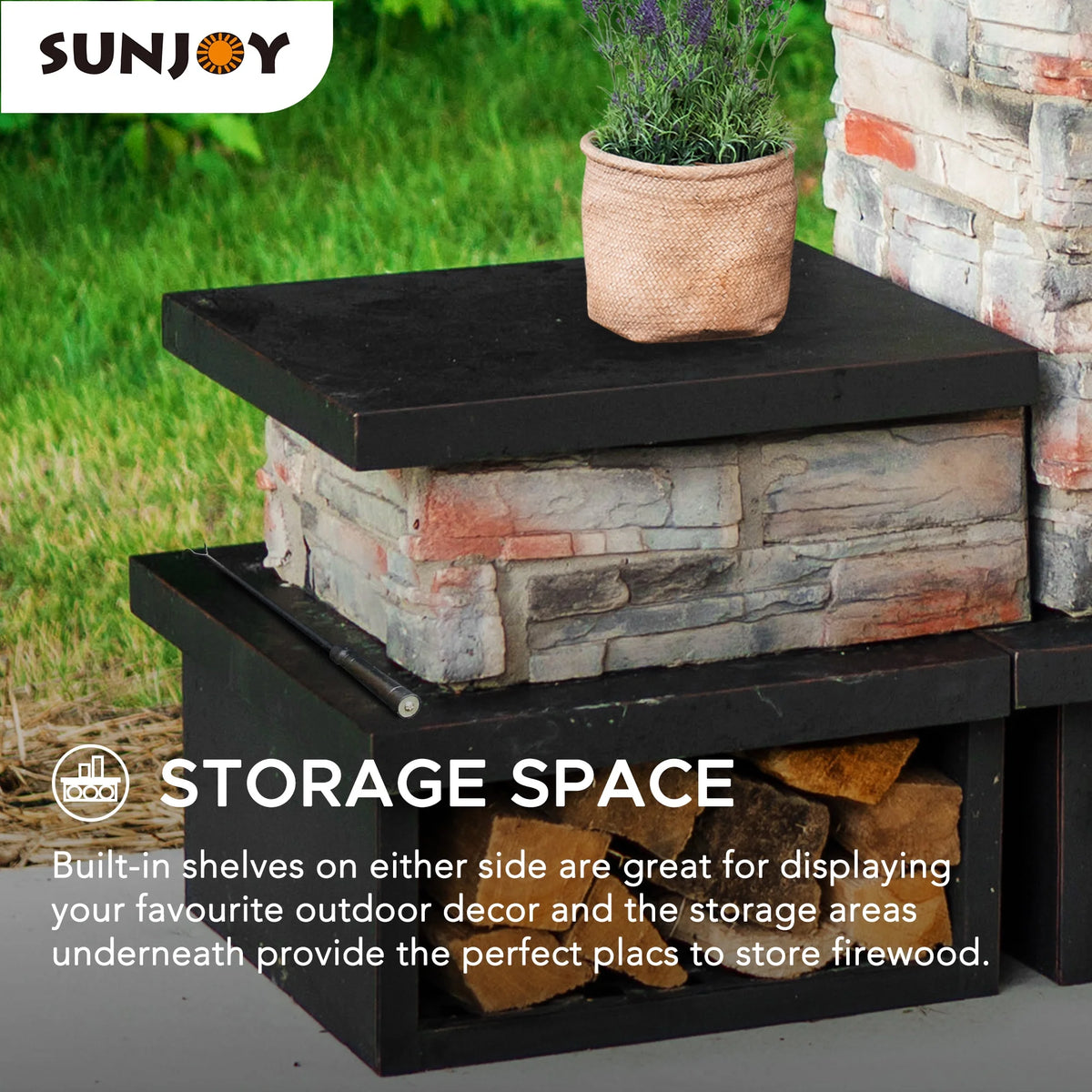 SUNJOY Outdoor 48 inch Steel Wood Burning Stone Fireplace with Fire Poker and Removable Grate