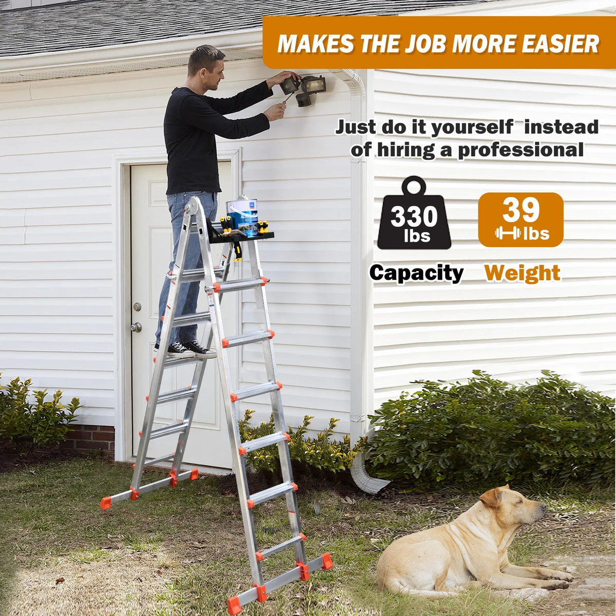 HBTower Ladder, A Frame 4 Step Extension Ladder, 14 Ft Multi Position Ladder with Removable Tool Tray and Stabilizer Bar, 330 lbs Capacity Telescoping Ladder for Household and Outdoor Work