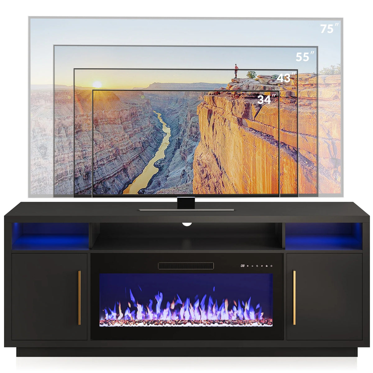 BELLEZE Fireplace TV Stand for TVs Up To 75", Entertainment Center with 36" Electric Fireplace, LED Ambient Lighting, and Storage, Media Console Table 69 Inch - Avenue (Black)