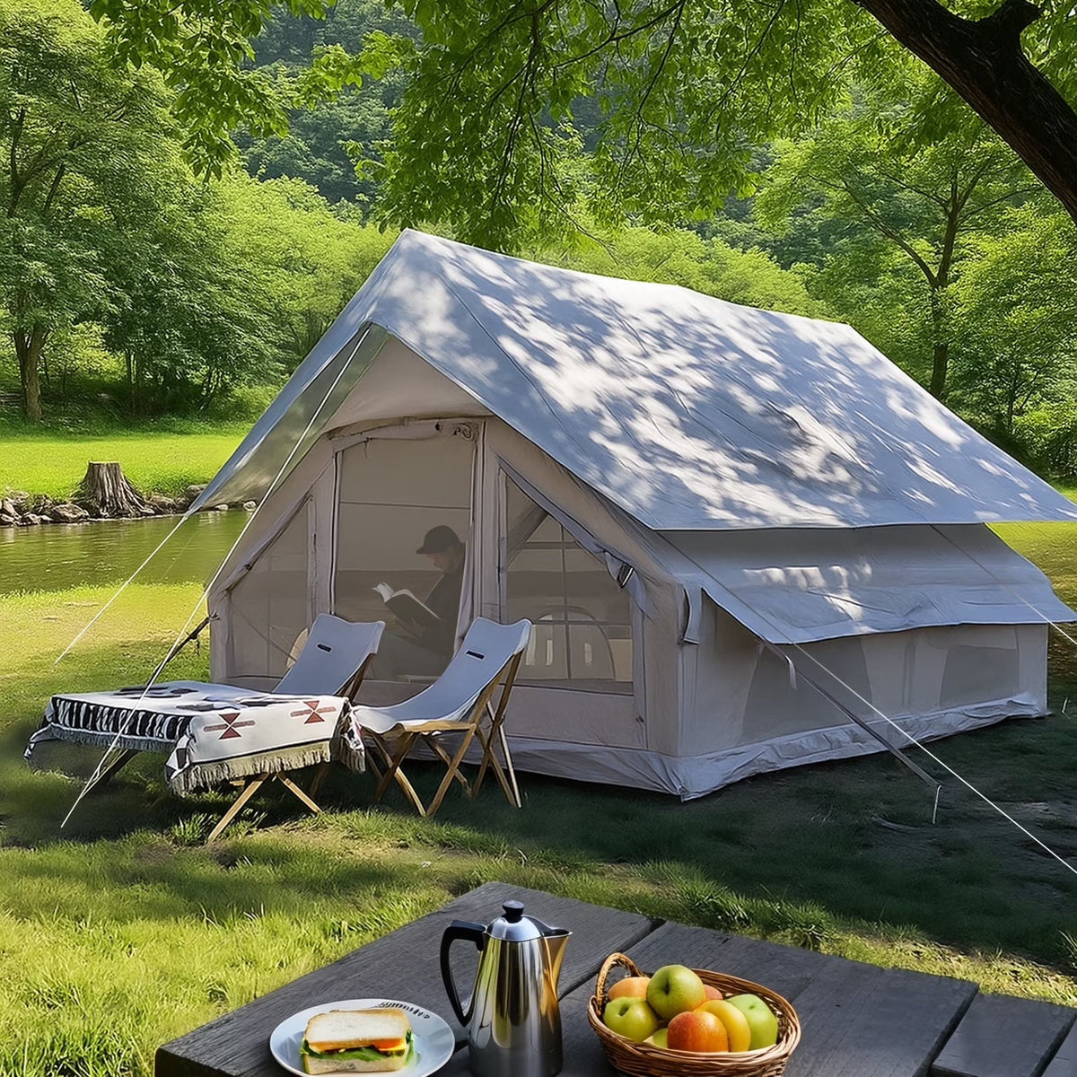 Inflatable Camping Tents 4/6/8/10 Person,129 Square Feets Large Blow up Tent with Stove Jack