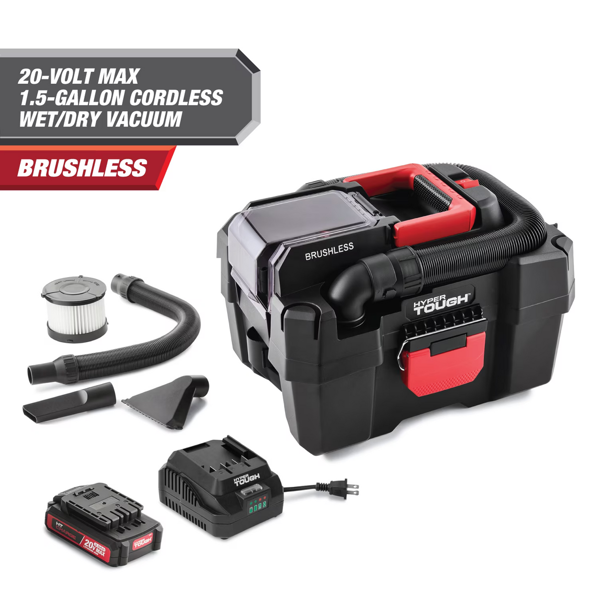 Hyper Tough 1.5 Gallon Wet Dry Vac, 20V Max, Brushless Motor, Cordless, Battery and Charger Included