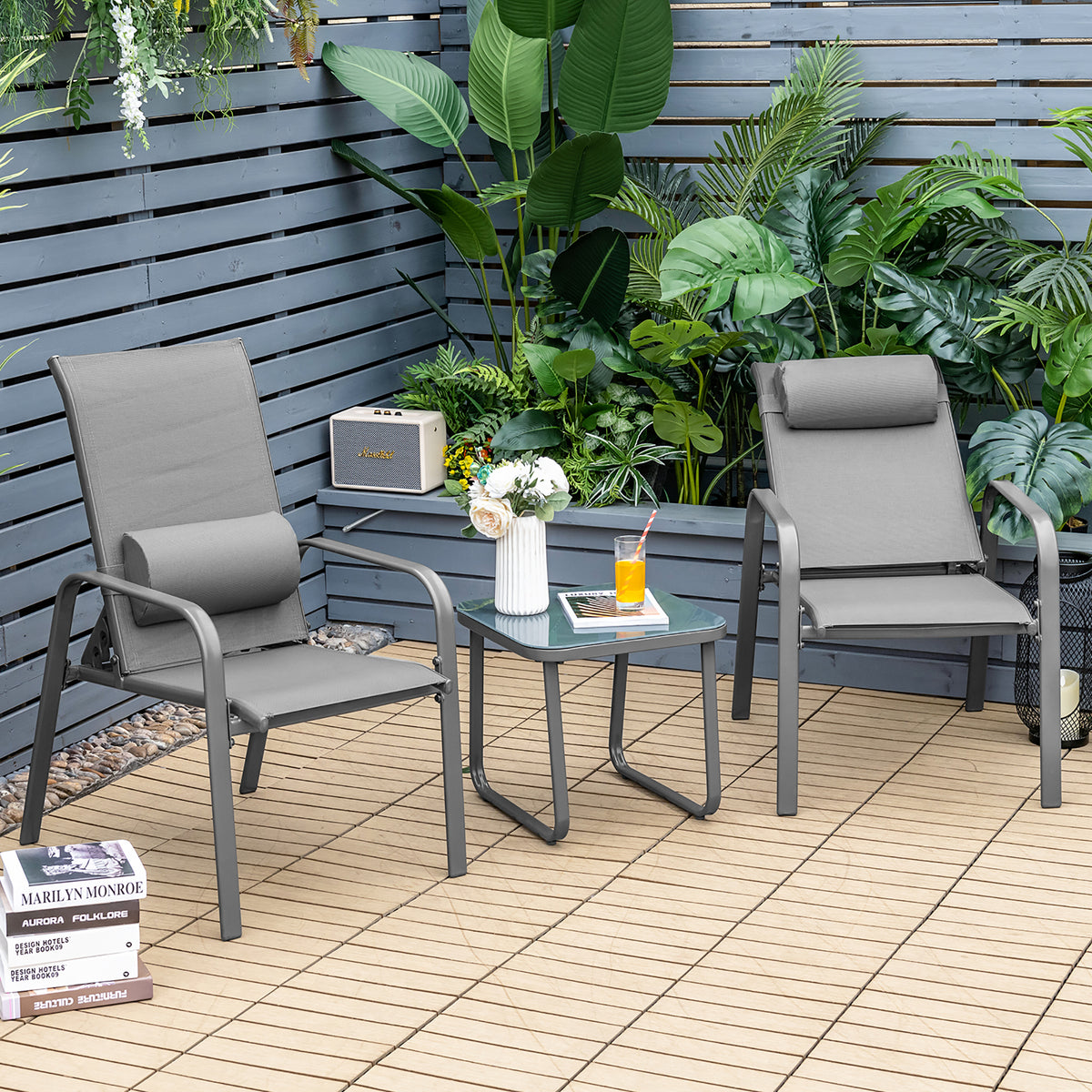 Costway 3PCS Patio Bistro Furniture Set Adjustable Back Stackable Chairs Black
