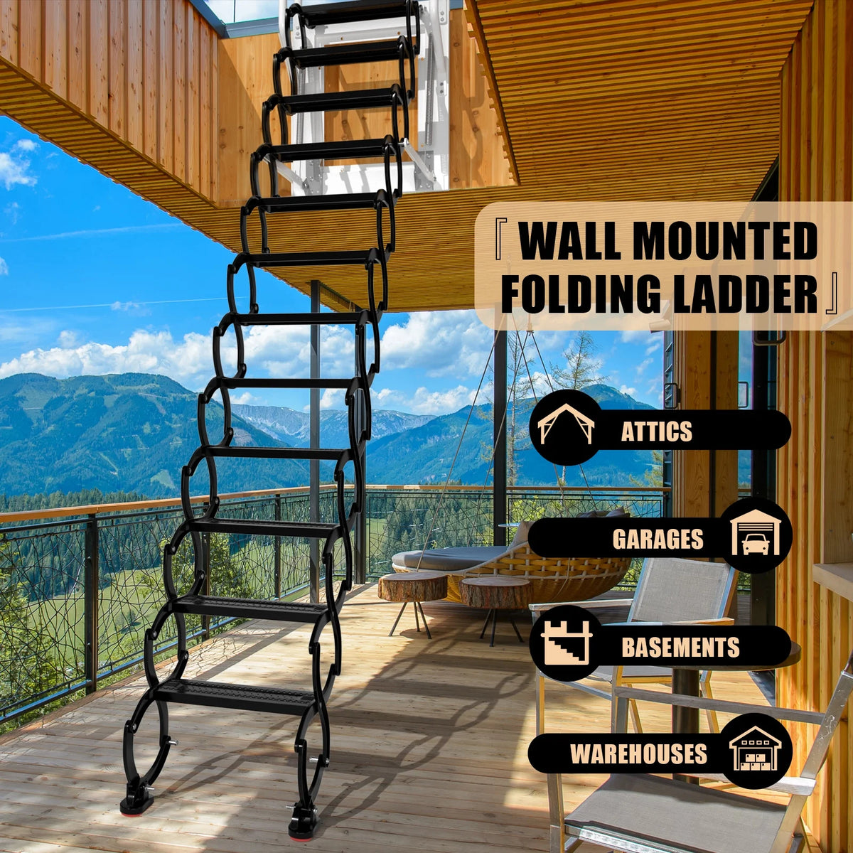 Mad Hornets Wall Mounted Folding Ladder Black Loft Attic Stairs Pull down 12 Steps
