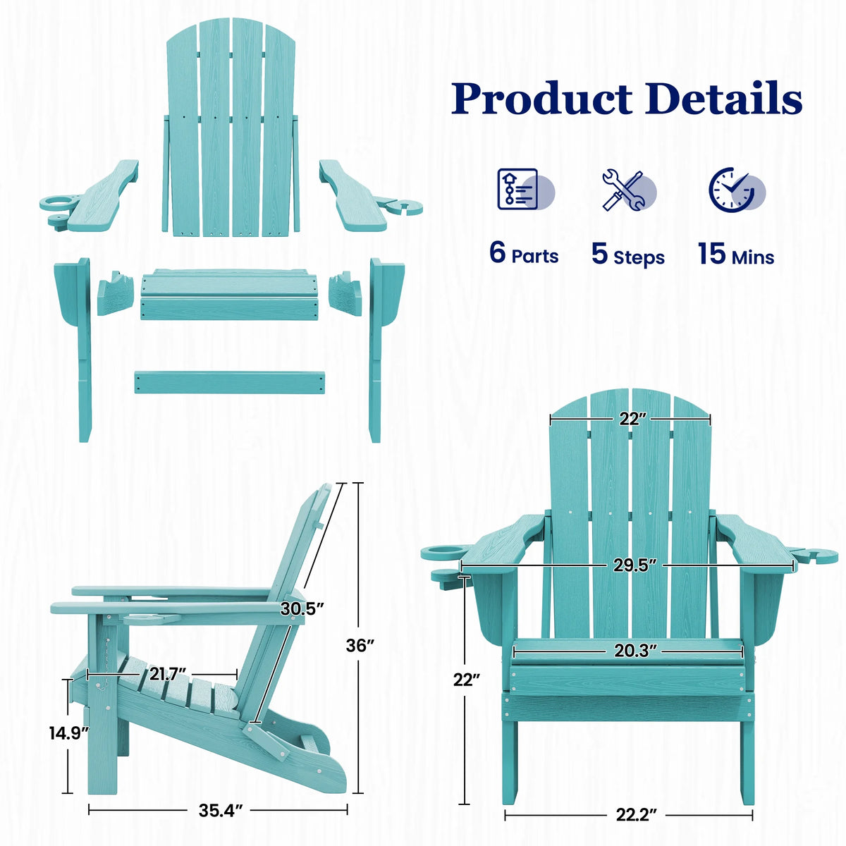 SERWALL Folding Adirondack Chair Set with Dual Cup Holders & Phone Holder, All-Weather HDPE Fire Pit Chairs for Outdoor, Patio, Poolside, Garden - Black