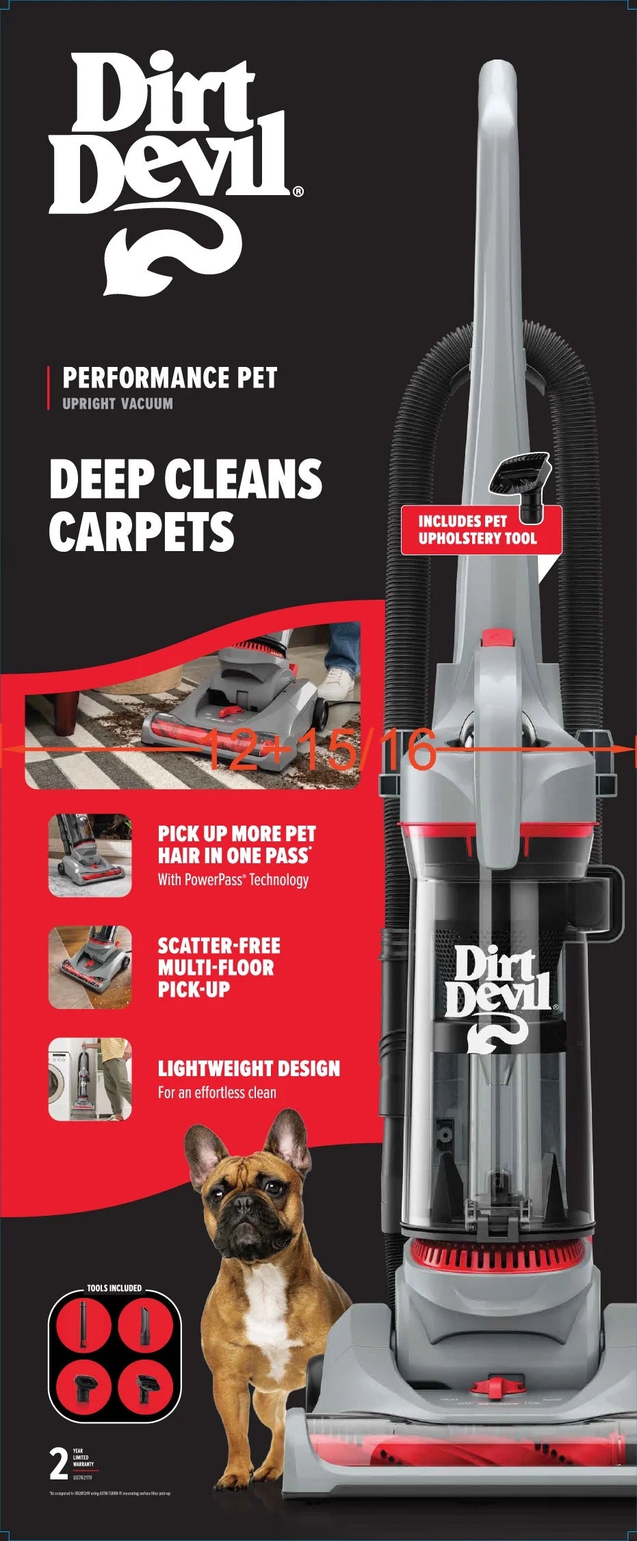 Dirt Devil Performance Pet Bagless Upright Vacuum Cleaner, Pet Friendly, for Carpet & Hard Floors, Above Floor Cleaning, Lightweight, UD76211V, Gray