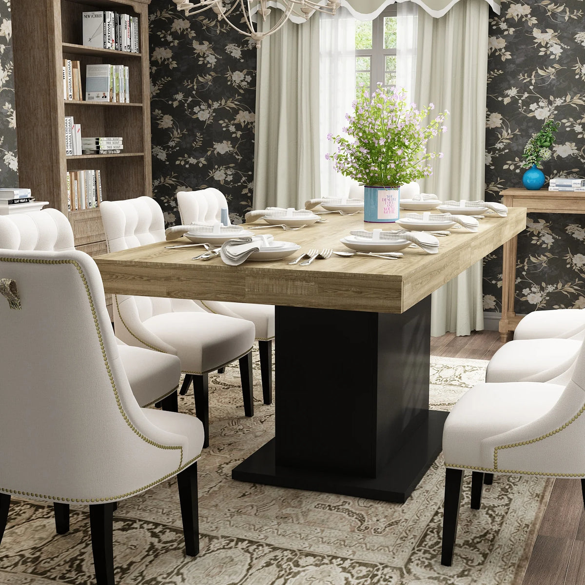 KULAGAGA  6-8 People Modern Extendible Dining Table, Rectangular Space-Saving Expandable Dining Table, Oak&White