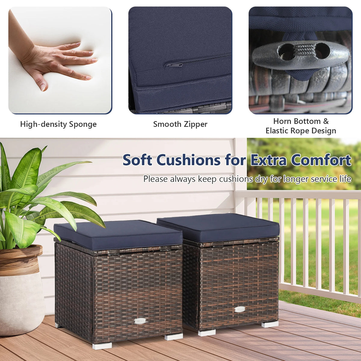 Costway 2PC Patio Rattan Ottoman Seat Side Table Storage Box Footrest Off White