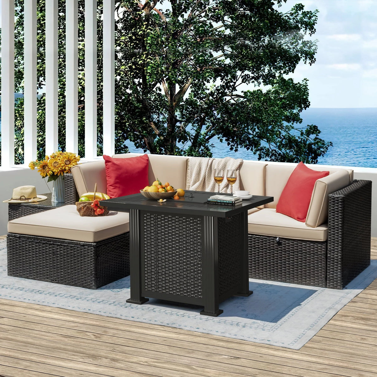 Devoko 6 Pieces Fire Pit Seating, Outdoor Sectional Rattan Sofa Set with 40000 BTU Propane Fire Pit Table