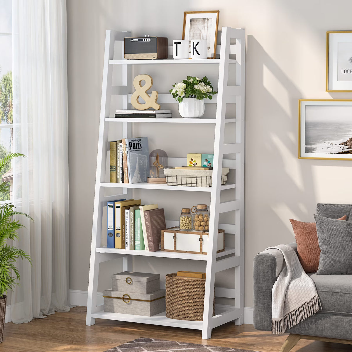 Tribesigns 5-Tier Bookshelf Modern Bookcase, 5 Shelves Ladder Shelf White