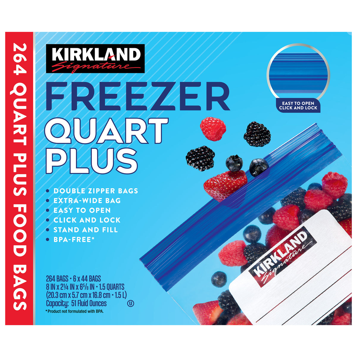 Kirkland Signature Freezer Quart Plus Bags, 264-count