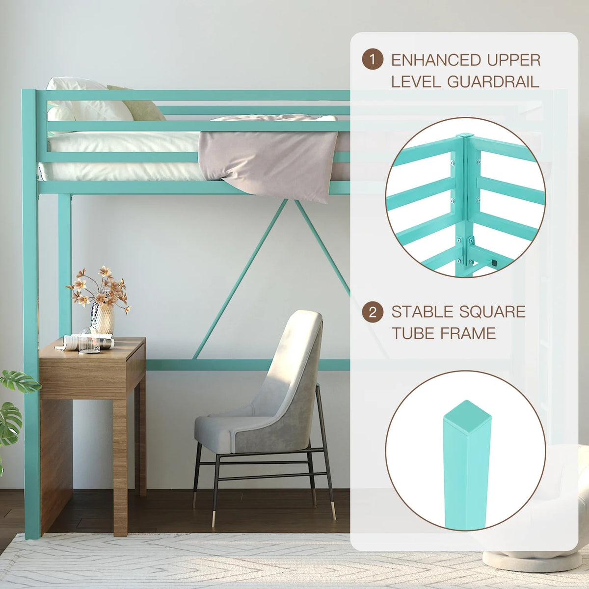 Einfach Metal Twin Size Loft Bed with Removable Ladder & Full-Length Guardrail, White