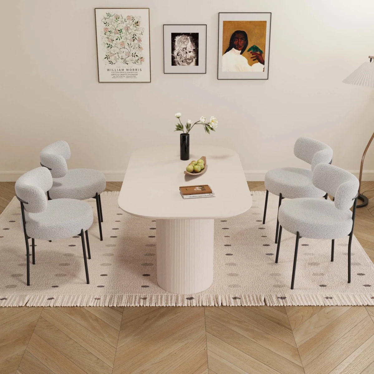 63 Inch Oval Dining Table Set with 6 Cushioned Chairs, Modern Wooden Dining Room Table Waterproof Scratch-Resistant Tabletop, Cream White for Family Gatherings