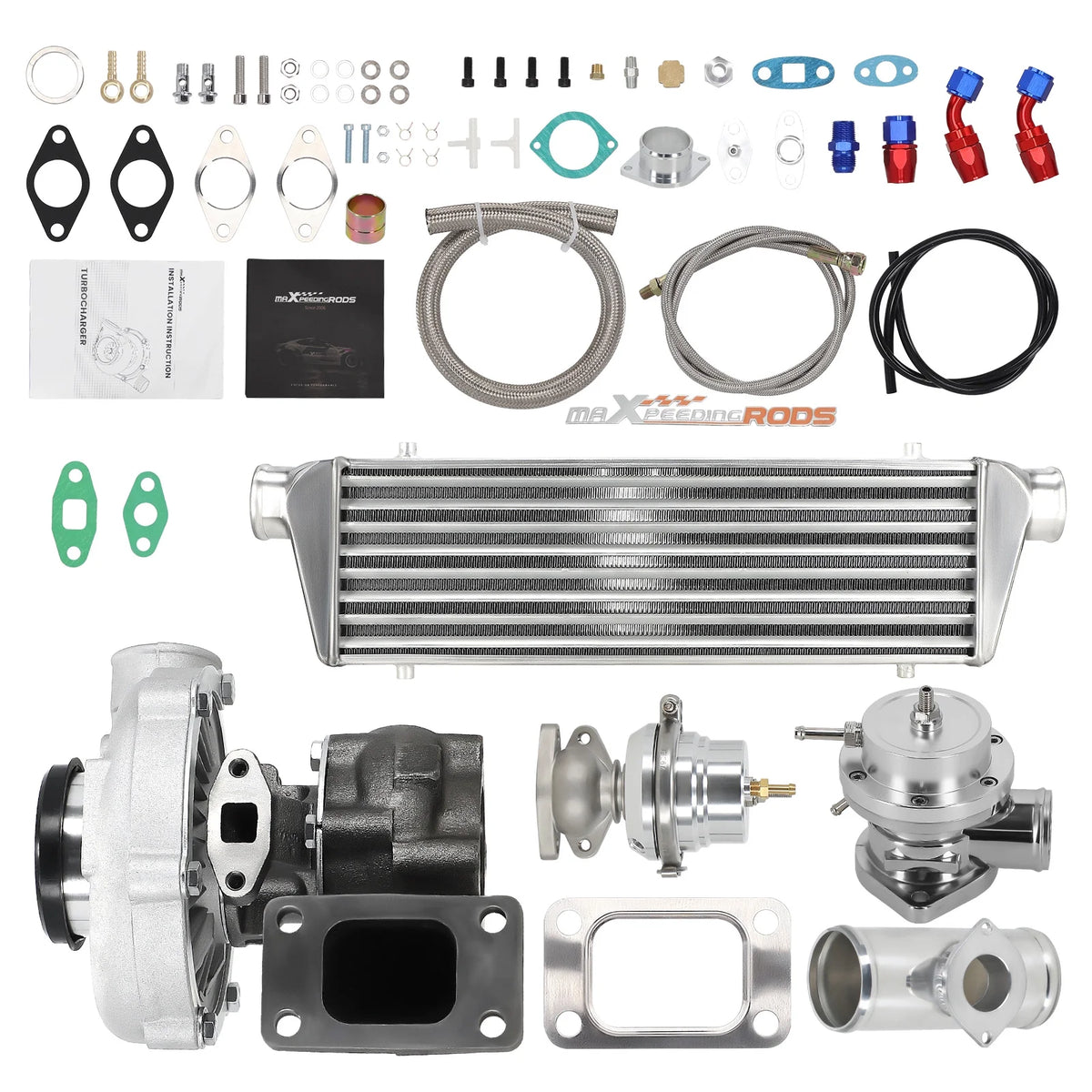 Maxpeedingrods T3 T4 T04E Universal Turbo Turbocharger+Wastegate+ Intercooler+BOV+ Oil Line Kit