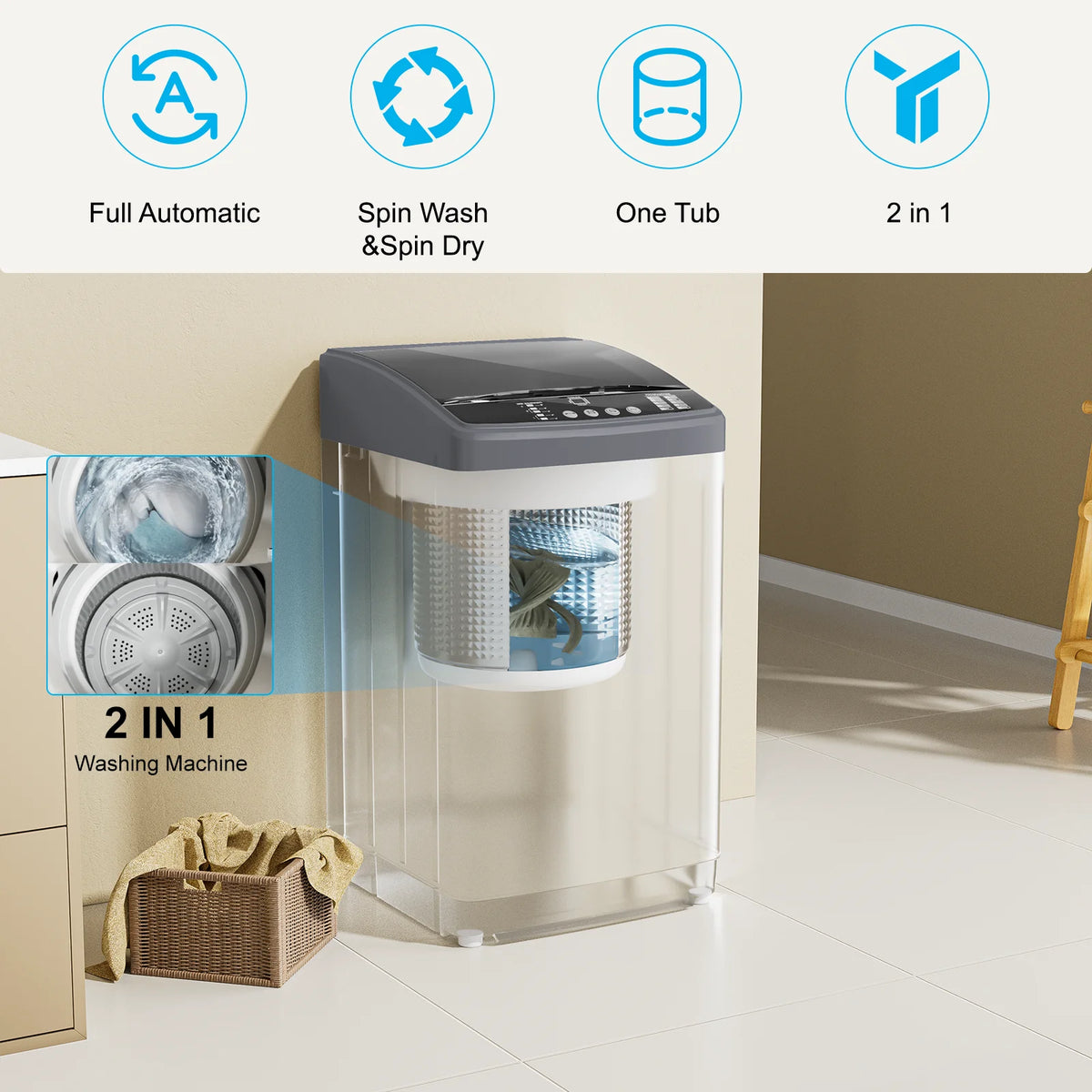 TABU Washer and Dryer Set, 17.6LBS Full Automatic Washing Machine & 8.8LBS Portable Dryer (Gray&White)