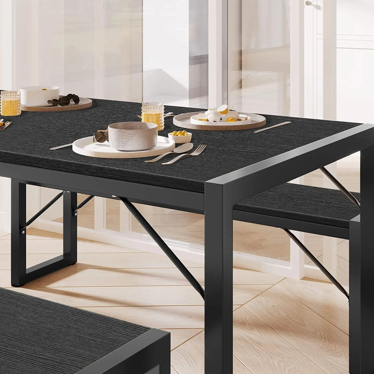 Dining Table Set for 4 People with 2 Benches, Dinette Set, 550lbs, Black