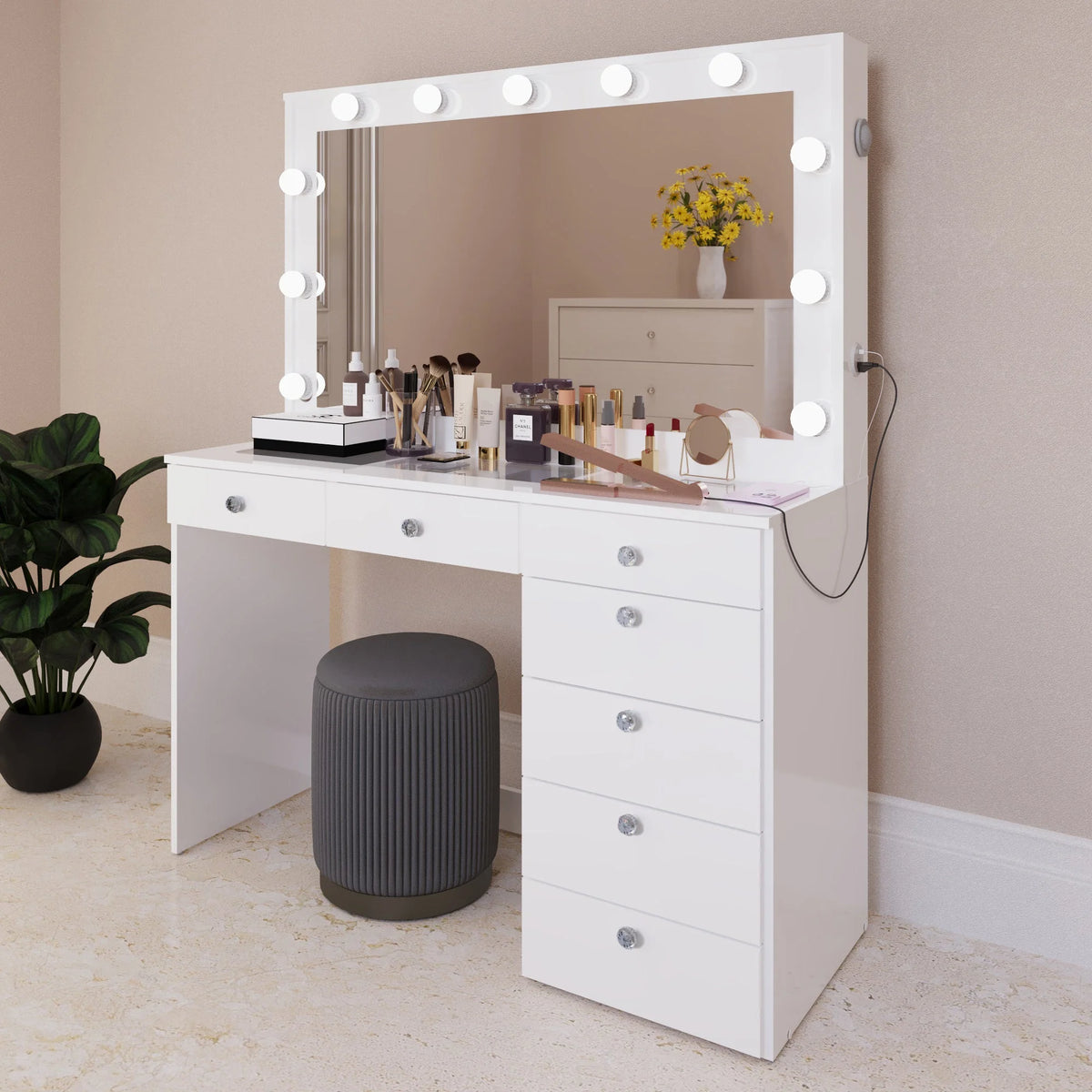 Ember Interiors Modern Large Greige Makeup Vanity Desk with Built-in Lights, Power Outlet with USB Type-C, Glass Top, 7 Drawers and Crystal Knobs