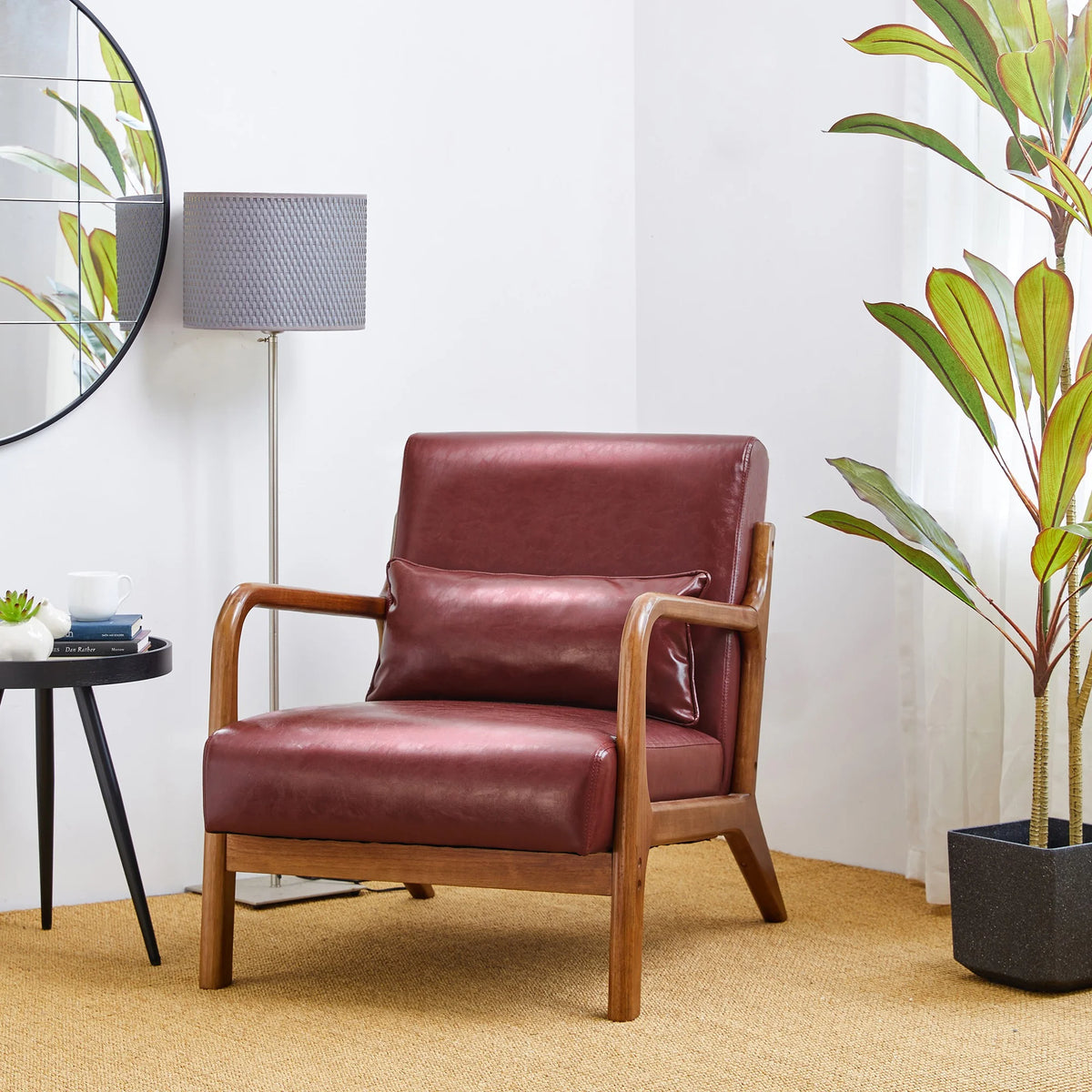 Glitzhome Mid Century Solid Wood Frame Accent Chair Modern Leather Lazy Chair
