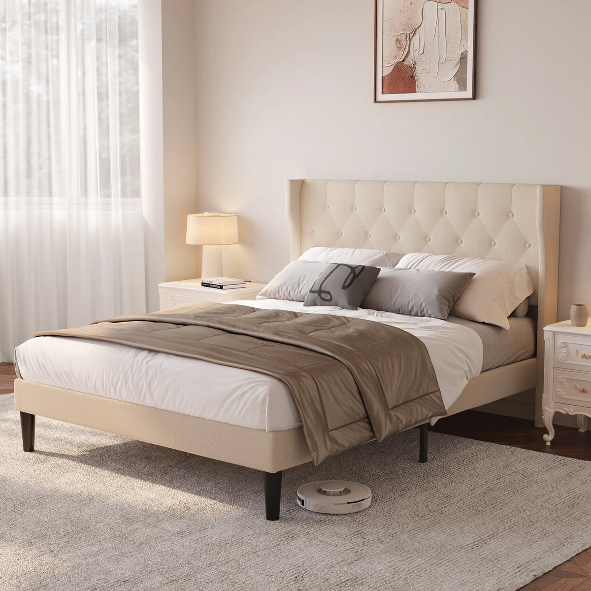 Lofka Queen Size Bed Frame with Upholstered Wingback Headboard Beige Finish